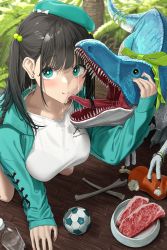 Rule 34 | 1girl, :t, ball, beret, black hair, blush, bone, bottle, bow, breasts, closed mouth, commentary, dinosaur, earrings, english commentary, flower-shaped pupils, food, green bow, green eyes, green hat, green jacket, hat, highres, jacket, jewelry, large breasts, licking, licking another&#039;s face, long hair, long sleeves, looking at viewer, meat, noeru, open clothes, open jacket, open mouth, original, saliva, sleeves past wrists, smile, solo, star-shaped pupils, star (symbol), stuffed toy, symbol-shaped pupils, tongue, tree, two side up, wooden floor