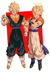 Rule 34 | 2boys, absurdres, artist name, baggy pants, biceps, black footwear, black vest, black wristband, blonde hair, blue eyes, boots, clenched hand, closed mouth, collarbone, crossed arms, dougi, dragon ball, dragonball z, earrings, frown, full body, glaring, gloves, gogeta, grey sash, hair between eyes, halo, hand up, highres, jewelry, looking at viewer, male focus, metamoran vest, multiple boys, muscular, muscular male, open clothes, open vest, orange shirt, pants, potara earrings, purple sash, red background, relio db318, sash, shirt, short sleeves, simple background, smile, smirk, spiked hair, standing, super saiyan, super saiyan 1, twitter username, two-tone background, v-shaped eyebrows, vegetto, veins, vest, white background, white footwear, white gloves, white pants, wristband