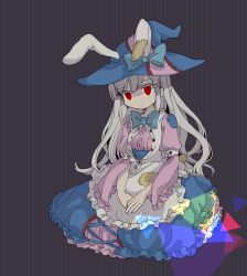 Rule 34 | 1girl, animal ears, apron, blue bow, bow, bowtie, dress, frilled apron, frilled dress, frilled skirt, frilled sleeves, frills, hat, hat bow, highres, irisu kyouko, irisu shoukougun!, long hair, looking at viewer, ohigan, own hands together, purple dress, rabbit ears, red eyes, silver hair, sitting, skirt, solo, very long hair, witch hat
