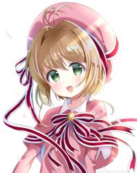 Rule 34 | 1girl, :d, antenna hair, blush, bow, capelet, cardcaptor sakura, collared dress, commentary request, dated, dress, green eyes, hair between eyes, hair intakes, hat, head tilt, kinomoto sakura, light brown hair, looking at viewer, neki (wakiko), open mouth, petals, pink capelet, pink dress, pink hat, red bow, short hair, smile, solo, striped, striped bow, twitter username, white background