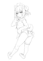 Rule 34 | 1girl, ahoge, animal ear fluff, animal ears, back-print panties, blush, closed mouth, commentary, crescent, crescent hair ornament, dog ears, dog girl, dog tail, double bun, drawstring, from behind, greyscale, hair between eyes, hair bun, hair ornament, highres, jacket, kneehighs, long sleeves, monochrome, open clothes, open jacket, original, panties, pleated skirt, print panties, puffy long sleeves, puffy sleeves, sailor collar, sakuraba hikaru (loveindog), shirt, shoes, simple background, single kneehigh, single sock, single thighhigh, skirt, sleeves past fingers, sleeves past wrists, socks, solo, standing, star (symbol), star hair ornament, symbol-only commentary, tail, thighhighs, underwear, white background