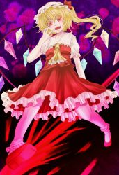 Rule 34 | 1girl, bad id, bad pixiv id, blonde hair, crystal, female focus, flandre scarlet, full body, hat, highres, laevatein, open mouth, pink eyes, red eyes, shoes, short hair, side ponytail, smile, socks, solo, stain, touhou, wings, yuha (yh-krm)