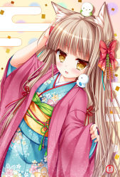 Rule 34 | 1girl, animal, animal ears, animal on shoulder, arm up, bird, blonde hair, blue kimono, blunt bangs, blush, bow, chick, chick on head, chinese zodiac, dutch angle, floral print, fox ears, fox girl, hair bow, hair ornament, hand up, hanten (clothes), japanese clothes, jitome, kimono, long hair, looking at viewer, obi, open mouth, original, red bow, red ribbon, ribbon, sash, shitou, smile, solo, stamp, very long hair, year of the rooster, yellow eyes