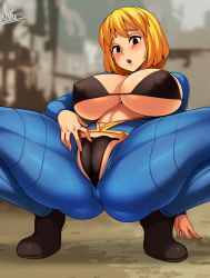 Rule 34 | 1girl, absurdres, arm support, artist name, bikini, black bikini, black eyes, black footwear, blonde hair, blurry, blurry background, breasts, cameltoe, cleft of venus, commentary, covered erect nipples, english commentary, fallout (series), fallout 4, foreshortening, hand on own crotch, highres, jmg, large breasts, long sleeves, looking at viewer, mob face, open clothes, open fly, raised eyebrows, shoes, skin tight, solid oval eyes, solo, spread legs, squatting, swimsuit, teeth, thick thighs, thighs, underboob, upper teeth only, vault girl, vault suit