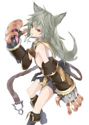 Rule 34 | 10s, 1girl, :3, aizawa masaya, animal ears, bad id, bad pixiv id, blush, breasts, claw (weapon), claws, collar, erune, gloves, granblue fantasy, hair between eyes, highres, long hair, looking at viewer, red eyes, sen (granblue fantasy), silver hair, simple background, skirt, small breasts, smile, solo, weapon