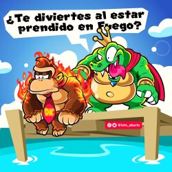 Rule 34 | 2boys, blue sky, burning, cape, claws, colored skin, crown, derivative work, donkey kong, donkey kong (series), donkey kong country (cartoon), fire, furry, furry male, gorilla, green skin, highres, king k. rool, lolo aburto, male focus, multiple boys, necktie, nintendo, pier, red cape, red necktie, screenshot redraw, sitting, sky, spanish commentary, spanish text, tongue, tongue out