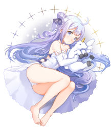 Rule 34 | 1girl, :o, azur lane, bad id, bad pixiv id, bare legs, bare shoulders, barefoot, black bow, black ribbon, blush, bow, breasts, collarbone, commentary request, dress, elbow gloves, feet, gloves, hair bun, hair ribbon, long hair, lying, hugging object, on side, one side up, panties, parted lips, purple eyes, purple hair, ribbon, shiosoda, side bun, sidelocks, single hair bun, single side bun, small breasts, solo, strapless, strapless dress, stuffed animal, stuffed pegasus, stuffed toy, stuffed unicorn, stuffed winged unicorn, toes, underwear, unicorn (azur lane), very long hair, white dress, white gloves, white panties