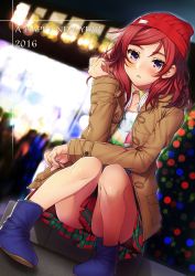 Rule 34 | 10s, 1girl, 2016, absurdres, beanie, blush, boots, coat, crowd, dutch angle, happy new year, hat, headphones, headphones around neck, highres, knees together feet apart, long sleeves, looking at viewer, love live!, love live! school idol festival, love live! school idol project, new year, night, nishikino maki, open clothes, open coat, outdoors, plaid, plaid skirt, print shirt, purple eyes, red hair, red hat, shirt, sitting, skirt, solo focus, swept bangs, t-shirt, tree, unbuttoned, upper body, yana mori