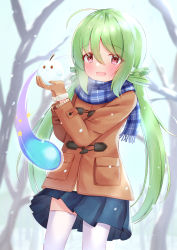 Rule 34 | 1girl, absurdres, aihara kazushi, alternate costume, azur lane, black skirt, brown jacket, comet (azur lane), green hair, highres, jacket, looking at viewer, magic, miniskirt, outdoors, plaid, plaid scarf, red eyes, scarf, skirt, solo, standing, thighhighs, white thighhighs