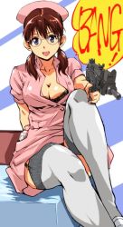 Rule 34 | 1girl, aiming, aiming at viewer, bed, black bra, bra, breasts, brown eyes, brown hair, cleavage, collarbone, commentary request, condom, dress, garter straps, grey thighhighs, hat, kamisimo 90, legs, long hair, looking at viewer, medium breasts, nurse, nurse cap, on bed, open clothes, open dress, open mouth, original, pink dress, pink hat, shoes, short sleeves, simple background, sitting, solo, speech bubble, thighhighs, thighs, twintails, twintails nurse (kamisimo 90), underwear