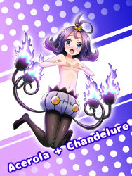 Rule 34 | 1girl, absurdres, acerola (pokemon), blue eyes, bluebird (bluebird90), blush, breasts, chandelure, character name, collarbone, commentary request, covering breasts, covering privates, creatures (company), elite four, eyelashes, fire, full body, game freak, gen 5 pokemon, hands up, highres, knees together feet apart, long hair, looking at viewer, navel, nintendo, open mouth, pantyhose, pokemon, pokemon (creature), pokemon sm, purple hair, solo, tongue, topknot, topless