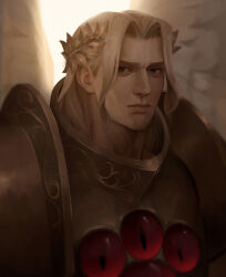 Rule 34 | 1boy, angel, angel wings, armor, backlighting, bhfenomoto, blonde hair, blood angels, breastplate, closed mouth, commentary, english commentary, engraved, engraved armor, frown, furrowed brow, gem, gold armor, grey eyes, highres, laurel crown, lips, long hair, male focus, ornate armor, parted hair, pauldrons, portrait, power armor, primarch, red gemstone, regalia resplendent, sanguinius, shoulder armor, solo, warhammer 40k, white wings, wings