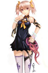 Rule 34 | 1girl, annnna, hair ribbon, highres, looking at viewer, original, pink eyes, pink hair, ribbon, short twintails, simple background, solo, thighhighs, twintails, white background, yellow ribbon