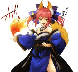 Rule 34 | 10s, 1girl, animal ear fluff, animal ears, bad id, bad pixiv id, bare shoulders, bow, breasts, cleavage, collar, detached collar, detached sleeves, fate/extra, fate (series), fox ears, fox tail, hair between eyes, hair bow, hair ribbon, izru, japanese clothes, medium breasts, obi, ofuda, open mouth, pelvic curtain, pink hair, ribbon, sash, sidelocks, simple background, solo, sparkle, tail, tamamo (fate), tamamo no mae (fate/extra), translation request, twintails, white background, yellow eyes