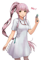 Rule 34 | 1girl, alternate costume, blush, brown eyes, commentary request, cowboy shot, digital thermometer, dress, hair flaps, hair ribbon, holding, holding thermometer, indoors, kantai collection, long hair, looking at viewer, nurse, open mouth, pink hair, ponytail, ribbon, short sleeves, simple background, smile, solo, tantaka, thermometer, translation request, very long hair, white background, white dress, yura (kancolle)