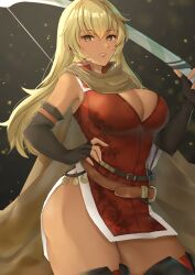 1girl black_sleeves blonde_hair bow_(weapon) breasts brown_cape cape cleavage dark-skinned_female dark_skin detached_sleeves dress edamameoka fire_emblem fire_emblem:_the_binding_blade hair_between_eyes highres holding holding_bow_(weapon) holding_weapon igrene_(fire_emblem) large_breasts long_hair looking_at_viewer mole mole_under_eye nintendo red_dress short_dress sleeveless sleeveless_dress solo thighs weapon yellow_eyes