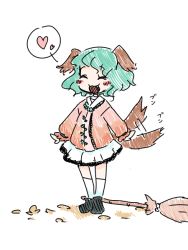 Rule 34 | 1girl, animal ears, bad id, bad pixiv id, blush, broom, done (donezumi), closed eyes, full body, green hair, heart, kasodani kyouko, long sleeves, open mouth, shoes, short hair, simple background, sketch, skirt, smile, socks, solo, spoken heart, tail, tail wagging, touhou, white background
