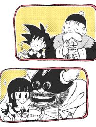 Rule 34 | 1girl, 3boys, :/, :d, :o, ?, armor, beard, black eyes, black hair, black headwear, blunt bangs, blush, book, chi-chi (dragon ball), chinese clothes, commentary request, confused, counting, cup, dougi, dragon ball, dragon ball (classic), facial hair, father and daughter, fingernails, gloves, grandfather and grandson, grandpa gohan, gyuu mao, hands on own cheeks, hands on own face, hat, helmet, hime cut, holding, holding book, holding cup, horns, monkey tail, multiple boys, mustache, old, old man, open book, open mouth, polka dot, polka dot background, smile, son goku, sora (happygreencandy), sparkle, spiked hair, straight hair, tail, teeth, thick eyebrows, tongue, white background, yellow background