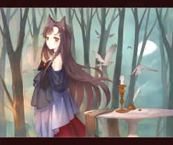 Rule 34 | 1girl, animal ears, bare shoulders, bird, bow, brooch, brown hair, candle, cloud, cloudy sky, dress, forest, half moon, hanauranaishi, hands in opposite sleeves, imaizumi kagerou, inkwell, jewelry, layered dress, letterboxed, light smile, long hair, looking at viewer, moon, nature, neck ribbon, night, outdoors, paper, quill, red eyes, ribbon, sideways glance, sky, solo, table, touhou, wolf ears
