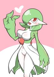 Rule 34 | 1girl, arm at side, blush, bob cut, breasts, cleft of venus, colored skin, creatures (company), female focus, game freak, gardevoir, gen 3 pokemon, green hair, green skin, groin, hair over one eye, hand up, happy, heart, kazamidoririnn, looking at viewer, medium breasts, multicolored skin, navel, nintendo, no nipples, one eye covered, open mouth, personification, pink background, pokemon, pokemon (creature), pussy, red eyes, shiny skin, short hair, simple background, skirt, smile, solo, standing, stomach, thighs, two-tone background, two-tone skin, uncensored, variant set, white skin, white skirt