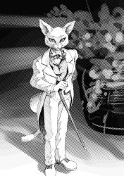 Rule 34 | 1boy, animal ears, arm behind back, bow, bowtie, cane, cat boy, cat ears, cat tail, closed mouth, cluseller, collared shirt, formal, full body, furry, furry male, greyscale, hand up, hat, unworn headwear, highres, holding, jacket, looking at viewer, male focus, monochrome, neko no ongaeshi, pants, shirt, shoes, solo, standing, studio ghibli, suit, tail, tailcoat, the baron, top hat, whiskers