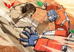 Rule 34 | 2boys, abs, artist name, batm andrew, brown hair, crossover, fighting, green eyes, highres, male focus, mecha, multiple boys, muscular, muscular male, nude, optimus prime, pointy ears, robot, rogue titan, shingeki no kyojin, titan (shingeki no kyojin), transformers, watermark