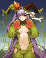 Rule 34 | 1girl, :o, animal hands, bandage over one eye, bandaged head, bandages, blush, breasts, clip studio paint (medium), commentary, cowboy shot, english commentary, fate/grand order, fate (series), flower, gloves, hair flower, hair ornament, hair ribbon, hands up, horns, kingprotea (fate), long hair, looking at viewer, medium breasts, moss, navel, one eye covered, parted lips, paw gloves, purple eyes, purple hair, red flower, ribbon, solo, standing, terupancake, twitter username, very long hair, white ribbon