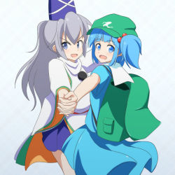 Rule 34 | &gt;:d, 2girls, :d, backpack, bag, blue eyes, blue hair, blush, cabbie hat, cato (monocatienus), dancing, grey eyes, grey hair, hair bobbles, hair ornament, holding hands, happy, hat, japanese clothes, kariginu, kawashiro nitori, long hair, looking at viewer, miniskirt, mononobe no futo, multiple girls, open mouth, pom pom (clothes), ponytail, short hair, skirt, smile, tate eboshi, touhou, two side up, v-shaped eyebrows, waltz (dance)