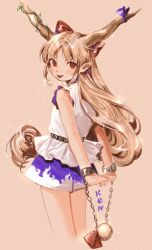 Rule 34 | 1girl, arms behind back, belt, black belt, blonde hair, blush, bow, brown background, brown eyes, brown horns, chain, closed mouth, commentary, cowboy shot, cuffs, from behind, hair bow, highres, horn bow, horn ornament, horns, ibuki suika, k0nfette, long hair, looking at viewer, looking back, medium bangs, orb, parted bangs, plant, pointy ears, purple bow, purple skirt, pyramid (structure), red bow, shirt, sidelocks, simple background, skirt, sleeveless, sleeveless shirt, smile, solo, tongue, tongue out, touhou, very long hair, vines, white shirt