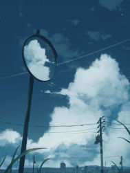 Rule 34 | absurdres, blue sky, blue theme, cloud, commentary request, highres, lxc, no humans, original, outdoors, power lines, reflection, scenery, sky, town, traffic mirror, transmission tower, utility pole