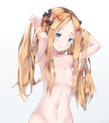 Rule 34 | 1girl, abigail williams (fate), arms up, black bow, blonde hair, blue eyes, blush, bow, breasts, bunching hair, closed mouth, collarbone, commentary request, fate/grand order, fate (series), forehead, gradient background, grey background, hair bow, hair censor, hair over breasts, head tilt, long hair, looking at viewer, navel, nude, orange bow, out-of-frame censoring, parted bangs, pikunoma, polka dot, polka dot bow, small breasts, solo, upper body, very long hair, white background