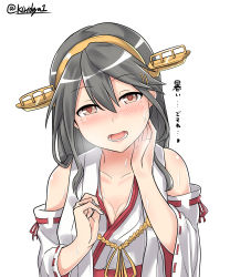 Rule 34 | 10s, 1girl, absurdres, bare shoulders, breasts, brown eyes, cleavage, grey hair, haruna (kancolle), heart, heart in eye, highres, kantai collection, nontraditional miko, open mouth, simple background, sweat, sweatdrop, symbol in eye, twitter username, white background