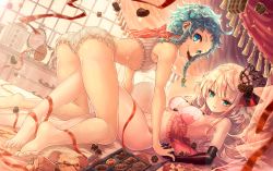 Rule 34 | 10s, 2girls, all fours, barefoot, bed, bedroom, black flower, black gloves, blonde hair, blue eyes, blue hair, braid, breasts, candy, chocolate, chocolate heart, crop top, feet, fingerless gloves, flower, food, frilled shorts, frills, gloves, green eyes, hair flower, hair ornament, heart, highres, holding hands, indoors, interlocked fingers, lingerie, long hair, looking at viewer, lying, medium breasts, merc storia, mirror, mito itsuki, mouth hold, multiple girls, negligee, on back, pillow, red ribbon, ribbon, short hair with long locks, short shorts, shorts, sideboob, small breasts, smile, twin braids, underwear, white shorts