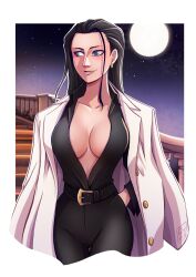 Rule 34 | 1girl, belt, black hair, black pants, black shirt, blue eyes, breasts, coat, coat on shoulders, commentary, earrings, english commentary, hair slicked back, hand in pocket, highres, jewelry, long hair, looking to the side, moon, nico robin, night, night sky, one piece, pants, plunging neckline, shirt, shuravf, sidelocks, sky, smile, solo, stairs