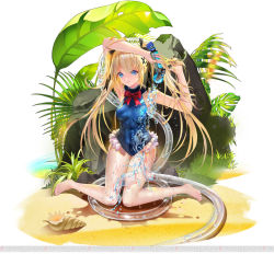 Rule 34 | arm above head, bare legs, bare shoulders, barefoot, beach, blonde hair, blue eyes, breasts, dead or alive, dead or alive xtreme, hair ribbon, hand on hair, hose, kneeling, knees together feet apart, legs, legs together, long hair, marie rose, ribbon, sand, small breasts, smile, swimsuit, thighs, twintails, water, wet, wet clothes, wet swimsuit