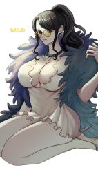Rule 34 | 1girl, black hair, blue eyes, breasts, cleavage, closed mouth, dress, fur trim, glasses, high heels, highres, huge breasts, large breasts, long hair, looking at viewer, nico robin, nsgw, one piece, one piece film: gold, rimless eyewear, short dress, simple background, sitting, smile, solo, sunglasses, tinted eyewear, wariza, white background, white dress, yellow-tinted eyewear