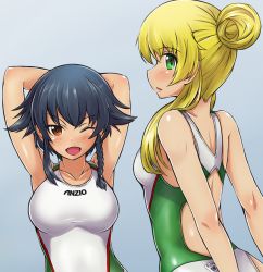 Rule 34 | 10s, 2girls, arms behind head, arms up, black hair, blonde hair, braid, brand name imitation, breasts, carpaccio (girls und panzer), competition swimsuit, girls und panzer, gradient background, green eyes, hair up, looking at viewer, looking away, multiple girls, one-piece swimsuit, one eye closed, open mouth, pepperoni (girls und panzer), red eyes, side braid, smile, solokov (okb-999), standing, swimsuit