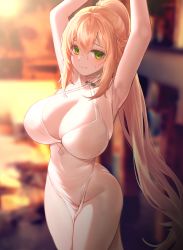 Rule 34 | 1girl, absurdres, armpits, arms up, bare shoulders, bindong, blonde hair, blurry, blurry background, breasts, china dress, chinese clothes, cleavage, closed mouth, closers, collarbone, dress, green eyes, hair between eyes, highres, large breasts, long hair, looking at viewer, no panties, ponytail, sidelocks, solo, soma (closers), standing, sweatdrop, very long hair, white dress