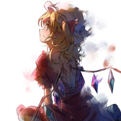 Rule 34 | 1girl, aihara-rina, backless dress, backless outfit, blonde hair, closed mouth, commentary, crystal, disintegration, dress, english commentary, flandre scarlet, freckles, frilled dress, frills, from behind, hat, hat ribbon, highres, light, medium hair, mob cap, one side up, pointy ears, puffy short sleeves, puffy sleeves, red dress, red ribbon, ribbon, short sleeves, sitting, solo, splotch, touhou, wavy hair, white background, white hat, wings