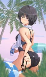 Rule 34 | 1girl, absurdres, amagami, ass, ball, beachball, black hair, black one-piece swimsuit, blurry, bottle, brown eyes, commentary request, competition swimsuit, cowboy shot, depth of field, from behind, goggles, highres, innertube, looking at viewer, looking back, mitojyaneeeeyo, nanasaki ai, one-piece swimsuit, palm tree, pocari sweat, short hair, solo, swim ring, swimsuit, towel, towel around neck, tree, two-tone swimsuit, unworn goggles