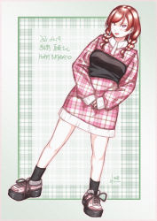 Rule 34 | 1girl, :p, absurdres, alternate hairstyle, artist name, artist request, bare legs, blush, breasts, brown footwear, checkered clothes, checkered shirt, collared shirt, earrings, female focus, full body, hair between eyes, hair over shoulder, highres, jewelry, long braid, looking at viewer, love live!, love live! school idol project, nefielia, nishikino maki, own hands together, pink shirt, purple eyes, red hair, shirt, shoes, short hair, small breasts, solo, tongue, tongue out, twintails