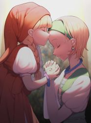 Rule 34 | 2girls, blonde hair, braid, closed eyes, dragon quest, dragon quest xi, dress, earrings, facing another, hairband, highres, holding hands, jewelry, kiss, kissing forehead, mono (mono zzz), multiple girls, necklace, own hands together, praying, puffy short sleeves, puffy sleeves, senya (dq11), short hair, short sleeves, siblings, sisters, smile, twin braids, veronica (dq11), wristband