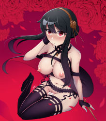 Rule 34 | 1girl, black hair, blush, breasts, censored, female pubic hair, fingerless gloves, gloves, highres, jaal art, large breasts, long hair, looking at viewer, nipples, pubic hair, pussy, red background, red eyes, solo, spy x family, thighhighs, yor briar