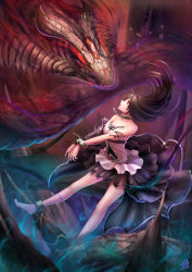 Rule 34 | 1girl, animal, ankle cuffs, armlet, bare shoulders, black hair, chain, circle skirt, collar, commentary request, cuffs, dress, eye contact, fantasy, floating, highres, horns, jurrig, layered dress, long hair, looking at another, metal collar, original, oversized animal, red eyes, signature, snake, solo, white dress