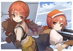 Rule 34 | 1girl, breasts, brown eyes, brown gloves, brown hair, brown shorts, clothes around waist, cloud, commentary request, falcon (girls&#039; frontline), from above, girls&#039; frontline, girls&#039; frontline neural cloud, gloves, hair between eyes, hair ribbon, harufude, head scarf, headband, highres, holding, holding weapon, jacket, jacket around waist, looking at viewer, looking back, low twintails, lying, puffy short sleeves, puffy sleeves, red ribbon, ribbon, shirt, short sleeves, shorts, small breasts, smile, stuffed animal, stuffed toy, tearing up, teddy bear, twintails, weapon, white shirt, yellow jacket, zvi falcon