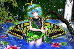 Rule 34 | 1girl, antennae, aqua hair, blush, butterfly wings, dress, elcid company, eternity larva, fairy, flower, green dress, insect wings, leaf, leaf on head, lily pad, looking at viewer, multicolored clothes, multicolored dress, open mouth, orange eyes, partially submerged, pink flower, pointy ears, short hair, short sleeves, solo, touhou, water, waterfall, wings