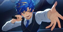 Rule 34 | 1boy, astel leda, blonde hair, blue hair, blue necktie, blue vest, blush, collared shirt, commentary, concert, dark blue hair, highres, holding, holding microphone, holostars, looking to the side, male focus, microphone, mono (bluesky), multicolored hair, music, necktie, open mouth, reaching, reaching towards viewer, shirt, short hair, singing, solo, sparkle, streaked hair, sweat, symbol-only commentary, teeth, two-tone hair, upper body, vest, wavy hair