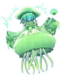 Rule 34 | 1girl, 1other, ascot, barefoot, detached sleeves, dress, electricity, glowing, glowing mouth, green ascot, green dress, green hair, green headwear, green theme, highres, jellyfish, jellyfish (terraria), jellyfish girl, long sleeves, medium hair, navel, no eyes, nyong nyong, see-through, simple background, tentacle hair, tentacle hands, tentacle legs, terraria, white background, wide sleeves