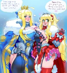Rule 34 | 2girls, armor, armored dress, artoria pendragon (fate), blonde hair, blue eyes, braid, braided bun, breast press, breasts, cape, english text, fate/grand order, fate (series), frills, fur trim, garter straps, gauntlets, green eyes, hair bun, headpat, heart, heart-shaped pupils, huge breasts, long hair, mordred (fate), mother and daughter, multiple girls, red scrunchie, scrunchie, sidelocks, smile, symbol-shaped pupils, symmetrical docking, thighhighs, very long hair, waving, ziromaru