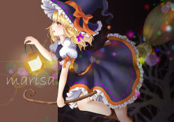 Rule 34 | 1girl, blonde hair, blurry, boots, braid, broom, broom riding, character name, depth of field, frilled skirt, frills, hair ribbon, hat, hat ribbon, highres, hoshiringo0902, kirisame marisa, lantern, light particles, long hair, looking at viewer, open mouth, profile, puffy short sleeves, puffy sleeves, red eyes, ribbon, ribbon-trimmed sleeves, ribbon trim, sash, short sleeves, sideways glance, single braid, skirt, skirt set, solo, touhou, tree, tress ribbon, two-tone background, witch hat